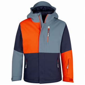 Veste d'hiver à capuche pour garçons avec fermeture éclair et design imperméable, en patchwork, couleurs orange, gris et bleu marine - Product Image 1