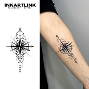 INKARTLINK Pegatina de tatuaje de brújula geométrica, flecha minimalista, tabla de estrellas, herbaria, semipermanente de 15 días, arte corporal para <span class=keywords><strong>antebrazo</strong></span>, venta al por mayor - Product Image 1