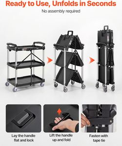Chariot utilitaire pliable avec roues verrouillables, chariot de service roulant portable à 3 niveaux - Product Image 3