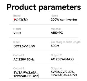 Yesido VC07 12V naar 200V onafhankelijke schakelaar meerdere beveiligingen USB QC3.0 + Type-C PD snelladen 200W auto-omvormer - Product Image 5