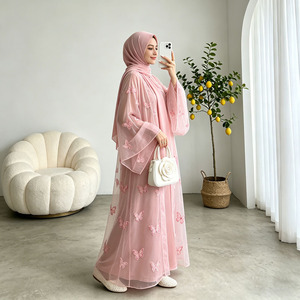 Eid Ramadan Pink Butterfly Abaya <b>Set</b> Satin Dress Women Elegant <b>Modest</b> Islamic Wear 3 Pieces Wholesale - Product Image 1