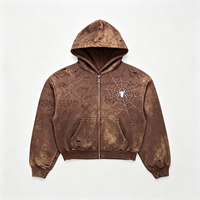 Sweat à capuche zippé marron délavé à l'acide, imprimé toile d'araignée, effet vieilli, style streetwear, lavage vintage, coupe oversize pour homme