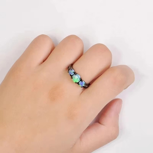 Anillos de Aleación Negra con Turquesa y Ópalo Natural para Mujer, Diseño Brillante con Circones, Estilo Geométrico, Gótico, Retro y Moderno, Venta al Por Mayor ZhuQian - Product Image 3