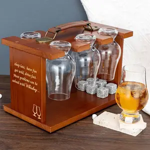 Wooden Whisky Tasting Glass Rack Glassware Drying Holder Carrier Bourbon Whiskey Glasses Storage Organizer with Stones