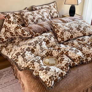 Elegante Set di Biancheria da Letto <span class=keywords><strong>in</strong></span> Velluto Floreale a Quattro Pezzi, <span class=keywords><strong>Lenzuola</strong></span> <span class=keywords><strong>in</strong></span> Pile Corallo Ispessito a Doppia Faccia, Caldo per l'Inverno - Product Image 2