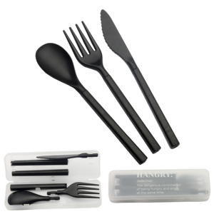 Free sample children BPA free collapsible travel portable black plastic cutlery set with case