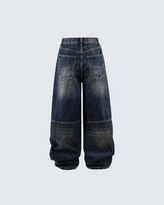 Jean en denim vintage pour homme, coupe large, délavé, patchwork, coupe ample, bleu, style streetwear - Product Image 2