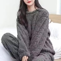 I-0509 femmes décontracté flanelle polaire pyjamas à manches longues col rond couleur unie Offre Spéciale épaissi hiver maison porter deux pièces ensemble