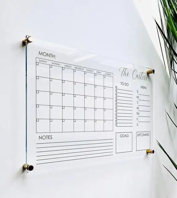 Calendário acrílico de impressão personalizada da fábrica, calendário reutilizável sem moldura transparente para parede