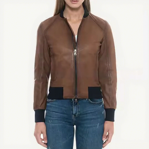 <b>Womens</b> Real Brown Leather <b>Jacket</b> Black Ribbed Collar Sheepskin Contrast Hem <b>Zip</b> <b>Up</b> Bomber Coat Custom Winter Warm Outerwear - Product Image 1