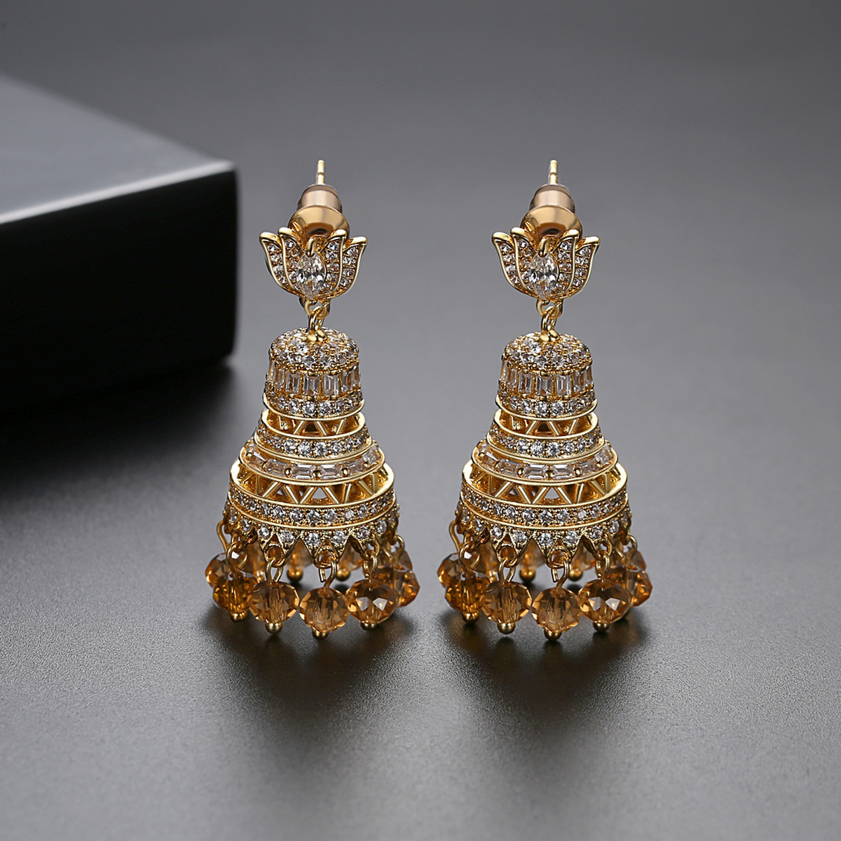 GOELX Royal Blue Silk Thread Jhumki Earrings - Studded With Rhinestones For Weddings & Parties - View #3