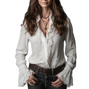 Elegante Blusa Blanca de Gasa para Mujer, Estilo Vintage Boho con Encaje y Volantes, Camisa de Manga Larga Abullonada, Top Campestre para Primavera Verano - Product Image 1