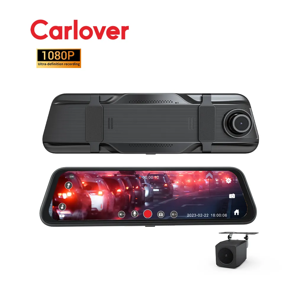 Carlover perekam Video kaca spion mobil, kamera dasbor DVR mobil layar sentuh 10 inci dengan lensa ganda