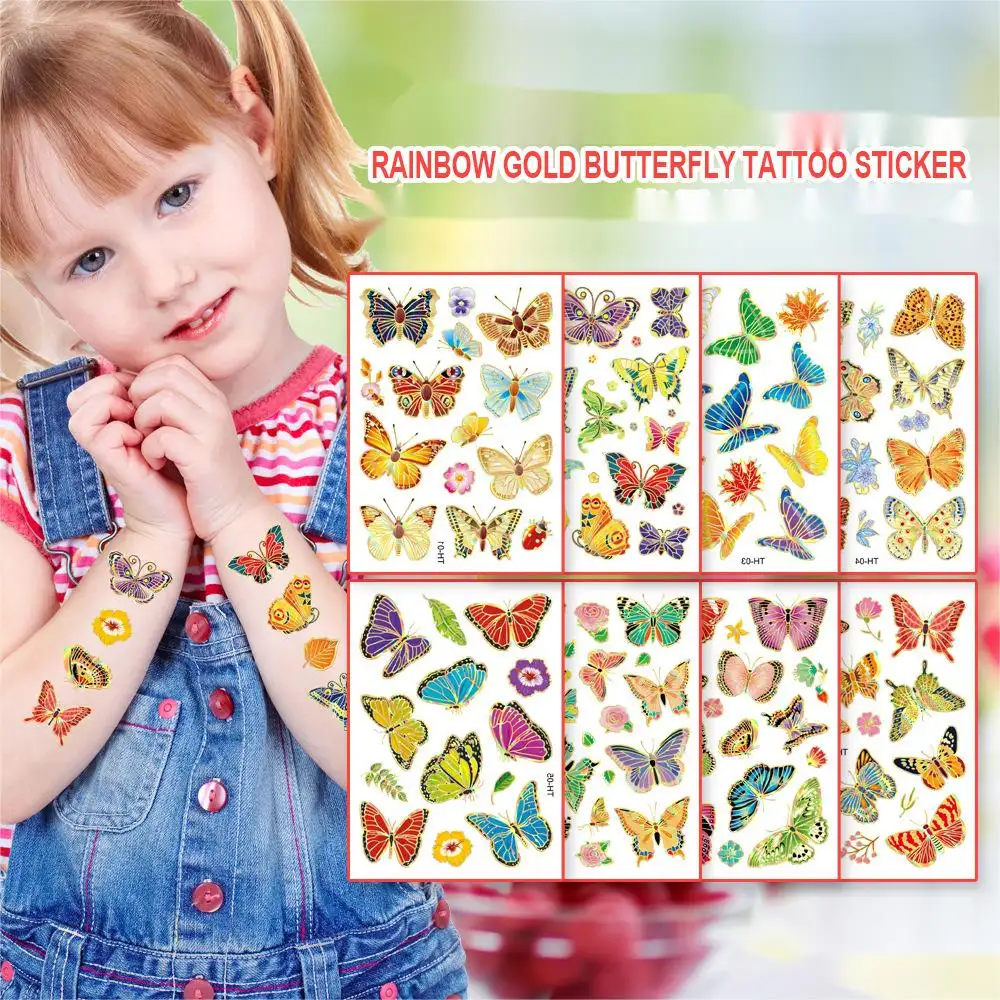 Venta al por mayor de pegatinas de tatuaje de dibujos animados de mariposa, tatuaje temporal dorado para niños, decoración de fiesta, pegatinas metálicas doradas