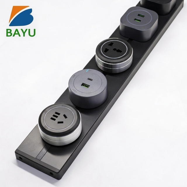 BAYU Industrial Wall-Mounted Removable Power Strip Track Outlets USB-A/Type-C Ports 1.5m Cable Aluminum Alloy Socket for Kitchen