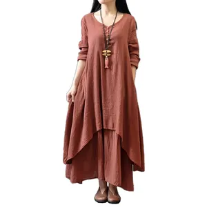 Summer and autumn swing linen dress loose long sleeve cotton skirt - the lowest price on the market