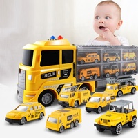 Camion tracteur d'ingénierie à roues libres pour enfants, camion porte-conteneurs, camion de transport, voiture avec 6 véhicules miniatures en métal moulé sous pression