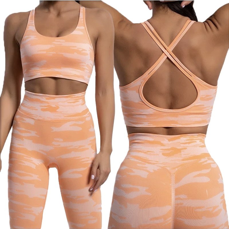 Women Fitness Workout Clothing Set 2 Pieces Camo GYM Outfits Seamless Scrunch Yoga Pants With Cross Back Stretch Sports Bra