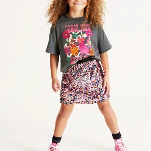 Custom Casual Summer Girl Fashion T Shirt Sequin Skirt Set Cotton Girls Clothing Sets Luxury