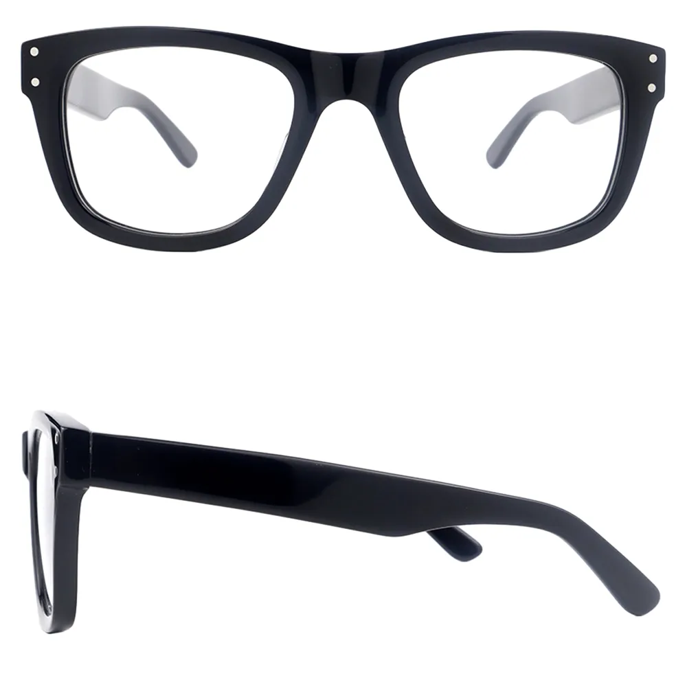 Stili da donna con montatura in acetato nero occhiali di design frontali con struttura a braccio spesso cerniere in metallo colore puro occhiali montature ottiche