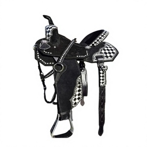 Selle de cheval Western pour barrel racing, motif damier noir et blanc premium, siège confortable, portable et durable. - Product Image 1