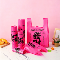 Sac en plastique rose vif de type gilet avec poignée motif dessin animé pour l'emballage de courses en magasin de proximité