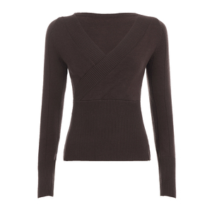 Crisscross V Neck <b>Brown</b> Knit <b>Top</b>, <b>Long</b> <b>Sleeve</b> Women's T Shirt, Slim Fit Casual <b>Top</b>, Y2K Retro Minimalist Fashion - Product Image 6