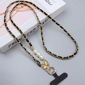 Sangle de téléphone élégante <span class=keywords><strong>en</strong></span> cuir PU tressé avec chaîne métallique perlée de luxe de 120 cm, <span class=keywords><strong>collier</strong></span> <span class=keywords><strong>pour</strong></span> coque de téléphone et sac - Product Image 3