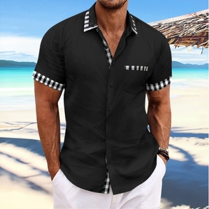 2024 été nouveau européen et américain hommes plage loisirs coton et chanvre poche épissage col à manches courtes <span class=keywords><strong>chemise</strong></span> - Product Image 2