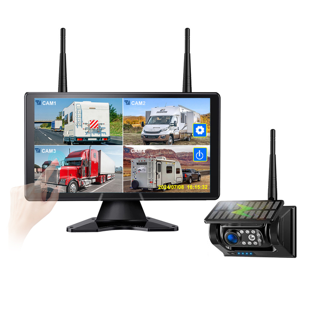 Touch Screen 10.1'' Wireless DVR Recorder Monitor 4CH Solar Energy Magnetic Backup IR Camera for Camper/Truck/Hitch/Trailer/Bus