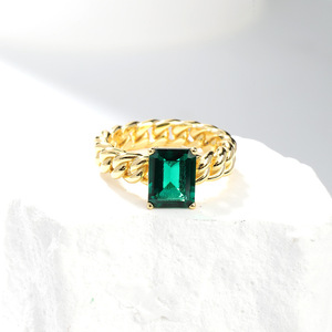 S925 18K Gold Plated Silver 3-Carat Lab-Grown Emerald Classic Wedding Engagement Anniversary Party Everyday Wear Chain Ring