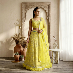 NiMa Creations Lehenga Choli Jaune en Georgette à Paillettes, Robe de Mariage Traditionnelle Longue pour Femme, Style Inde Pakistan, Livraison Rapide - Product Image 1