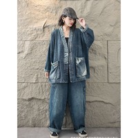 Nouvel ensemble décontracté deux pièces pour femme : veste en jean oversize à imprimé contrastant et pantalon cargo large – Collection Printemps-Automne 2026 (vente en gros)