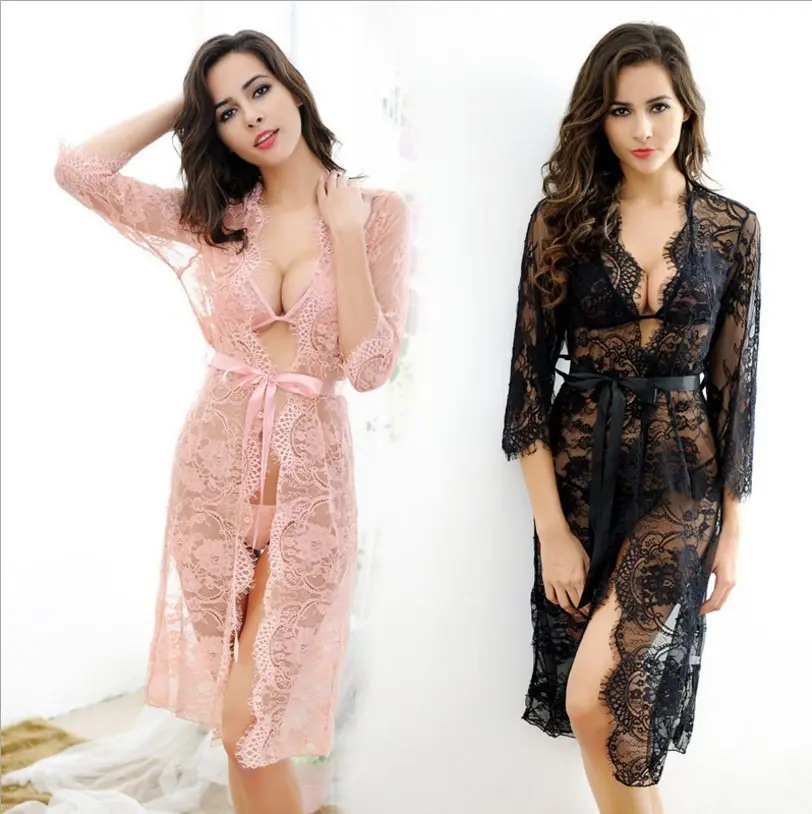 Atacado Lace Ver Através Roupão Sutiã Calcinhas 3 Peça Set Transparente Robe Camisola Lingerie Sexy das Mulheres