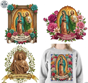 Autocollants thermocollants personnalisés en PET à motif floral mexicain San Judas Guadalupe, lavables, pour textiles et vêtements - Product Image 1