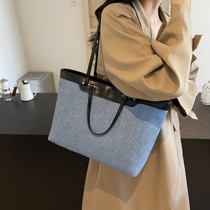 Borsa Tote in Denim e Pelle PU, Grande Capacità, Borsa <span class=keywords><strong>a</strong></span> Spalla da Donna con Finiture <span class=keywords><strong>a</strong></span> Contrasto per <span class=keywords><strong>Lavoro</strong></span> e Shopping - Product Image 1