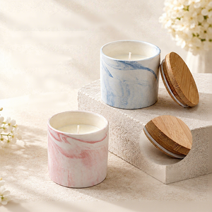 LANJO Marble Pattern Ceramic Scented Soy Candle with Wooden Lid Aromatherapy Home Decor Minimalist Style 20-40 Hours Burn Time - Product Image 2