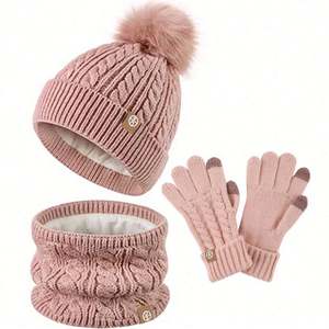 Conjuntos de Gorros de Invierno para Niños y Niñas al por Mayor, Gorro de Punto Acrílico con Pompón y Bufanda con Bordado 3D, Juego de Guantes para Niños - Product Image 1