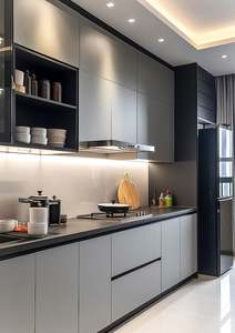 Gabinete de cocina de almacenamiento de pared de comedor armario de Pvc Modular de madera de nogal de lujo con encimera de granito - Product Image 2