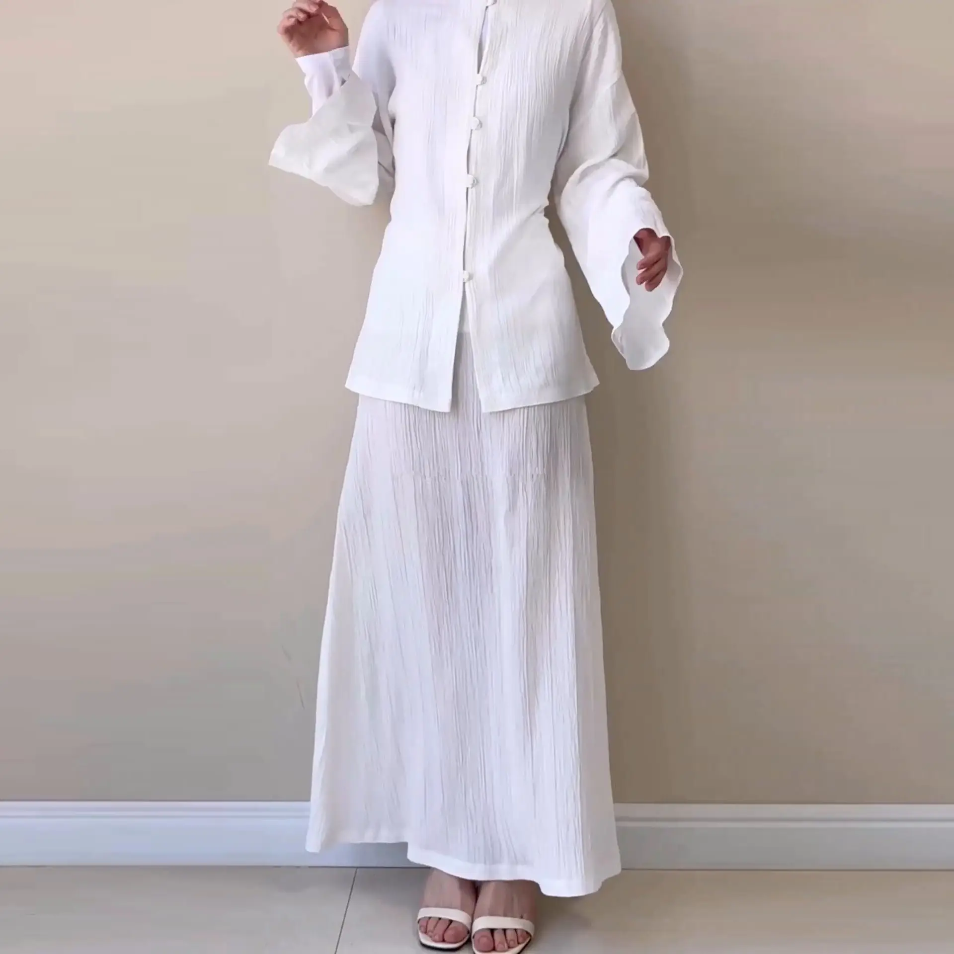 Muslim Solid Colour Loose Casual Shirt Plus Half Skirt Set Two Piece Islamic Turkish Dubai Tie Shirt Long Skirt Clothing