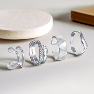 4PCS Trendy Party High-end Exquisite Irregular <strong>Wavy</strong> Stainless Steel Metal Geometric Open Size Finger <strong>Rings</strong> for Unisex - Product Image 1