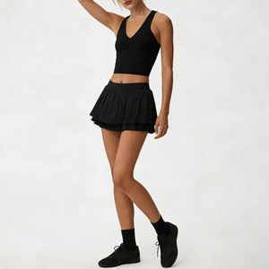 Ensemble de sport pour <span class=keywords><strong>femme</strong></span> : Soutien-gorge de yoga à col en V et jupe de <span class=keywords><strong>tennis</strong></span> plissée double couche, <span class=keywords><strong>tenue</strong></span> de sport sculptante - Product Image 4