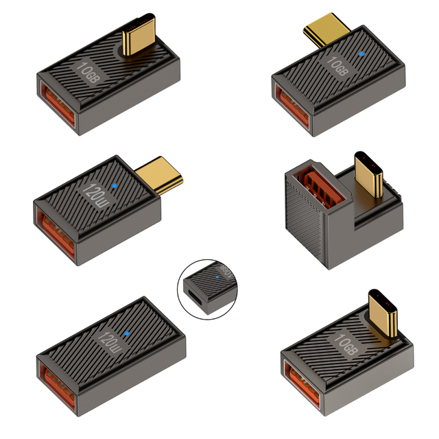 USB to USB C OTG Adapter USB3.1 Type C Converter 90 Degree Angle Aluminum Alloy 20V/6A 120W Charging 10Gbps Transmission