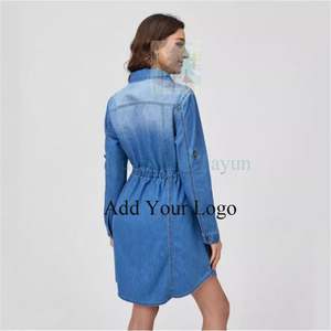 महिलाओं की मिडी-लंबाई डेनिम ड्रेस फ्लैप पॉकेट स्टडेड डिजाइन बटन ड्रॉप कंधे-उच्च गुणवत्ता वाले बेटेड कैजुअल - Product Image 2