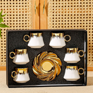 Turkish Coffee <strong>Cup</strong> <strong>Set</strong> of 6 with Saucers &amp; Tray - Luxury Arabic Greek Japanese Golden Ceramic Tea <strong>Cups</strong> for Espresso - Product Image 1