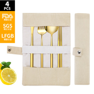 Juego de cubiertos de acero inoxidable para exteriores, cuchillo, tenedor, cuchara, palillos, utensilios portátiles para acampar, verde dorado, 4 piezas - Product Image 2