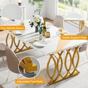 Mesa de Comedor SENYU de Estilo Occidental Moderno, Rectangular, de Lujo, para 4 a 6 Personas, en Blanco y Dorado con Imitación de Mármol, 160 cm - Product Image 4