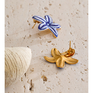 JINYOU 5897 Boho Beach Starfish Nautical Theme <strong>Blue</strong> White Glazed Enamel Stainless Steel Trendy <strong>Stud</strong> <strong>Earrings</strong> - Product Image 3