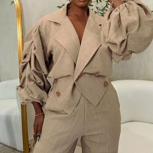 Women's Casual Large Collar Pleated Sleeve Top and <b>Pants</b> 2-Piece Set Fashion - Product Image 3