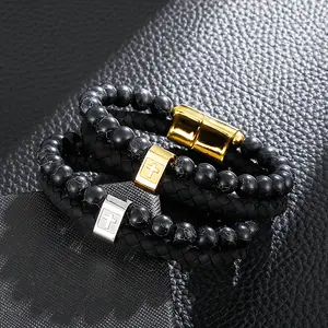 High Quality Double Layer Cross Genuine Leather Men Bracelet Italian Stainless Steel Bracelet Volcanic Stone Bead Bangle KL-028